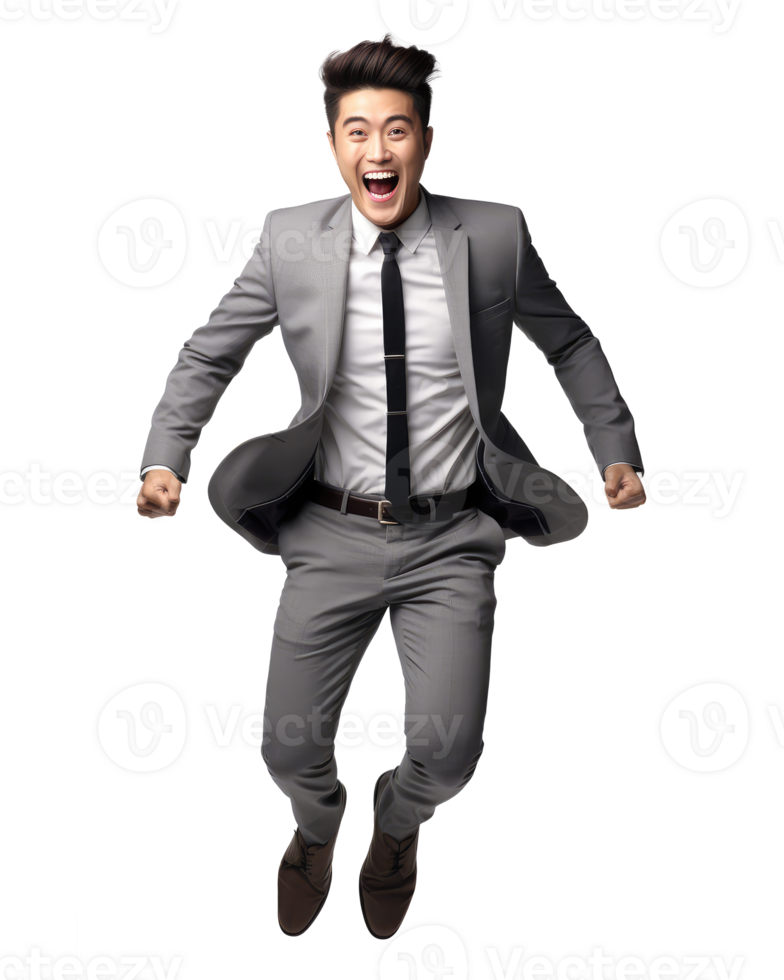 man in a suit jumping in the air with his arms outstretched . AI Generated png