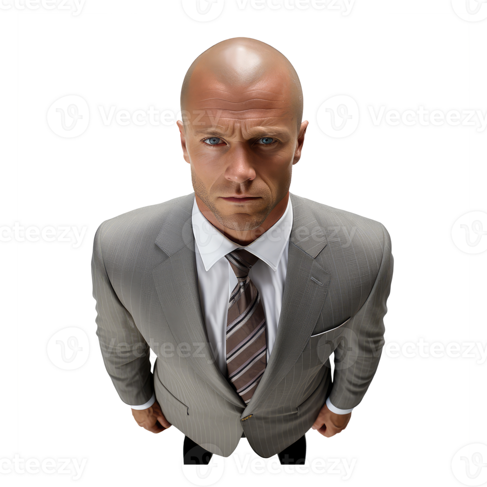 view from top of a standing business man, top of his head, looking front, top view . AI Generated png