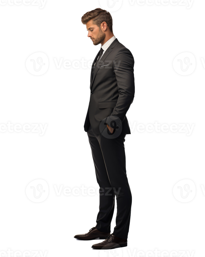 full body of 30 years old businessman looking down face down . AI Generated png