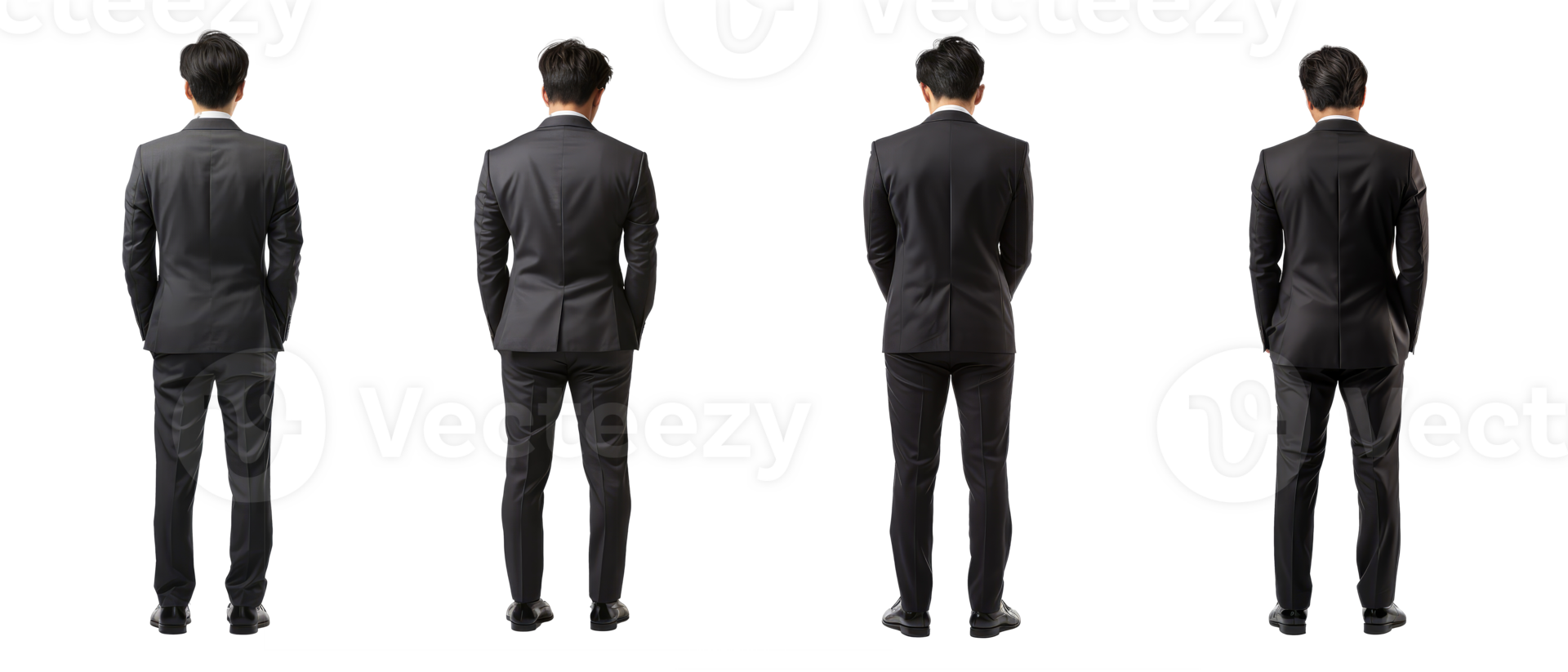 man in a suit with his head down and hands down, standing upright . AI