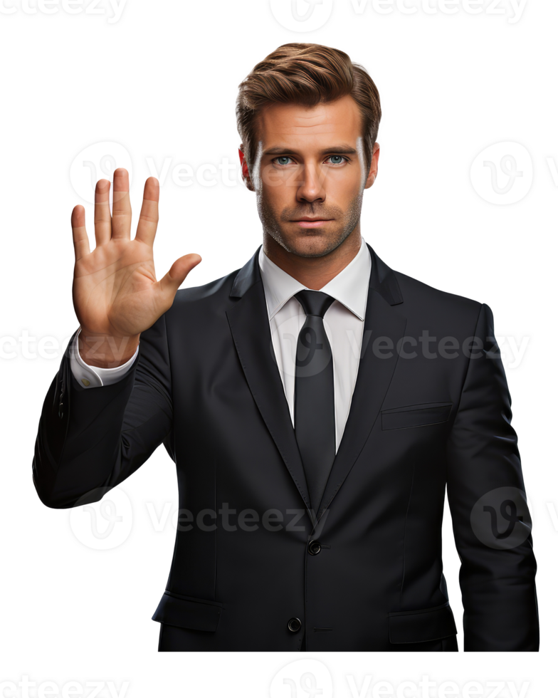 closeup portrait of business man with suit, gesturing stop with hands . AI Generated png