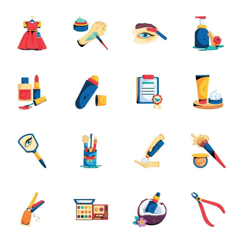 Set of Skincare Routine and Beauty Products Flat Icons vector