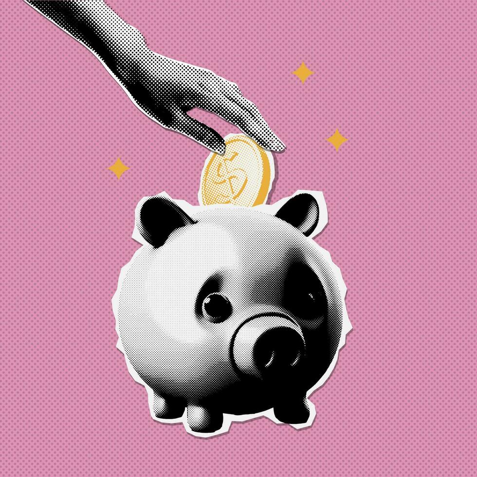 Hand putting coin into the Piggy Bank. Retro halftone collage . Vector illustration style is dotted money symbol . Mixed media trendy design.