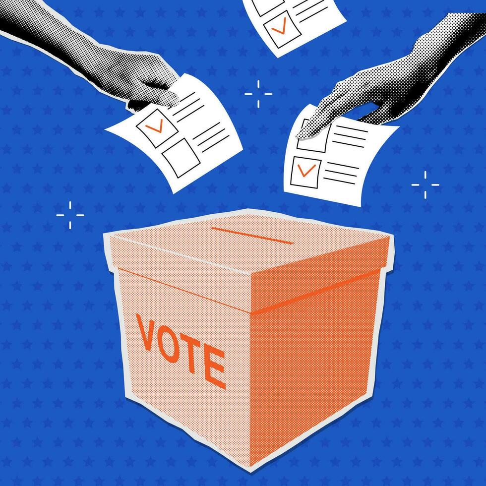 Vote ballot box halftone collage. Group of people putting paper vote into the box. 2024 Election concept. Democracy, Freedom of speech, justice voting, opinion. Referendum event. Vector illustration