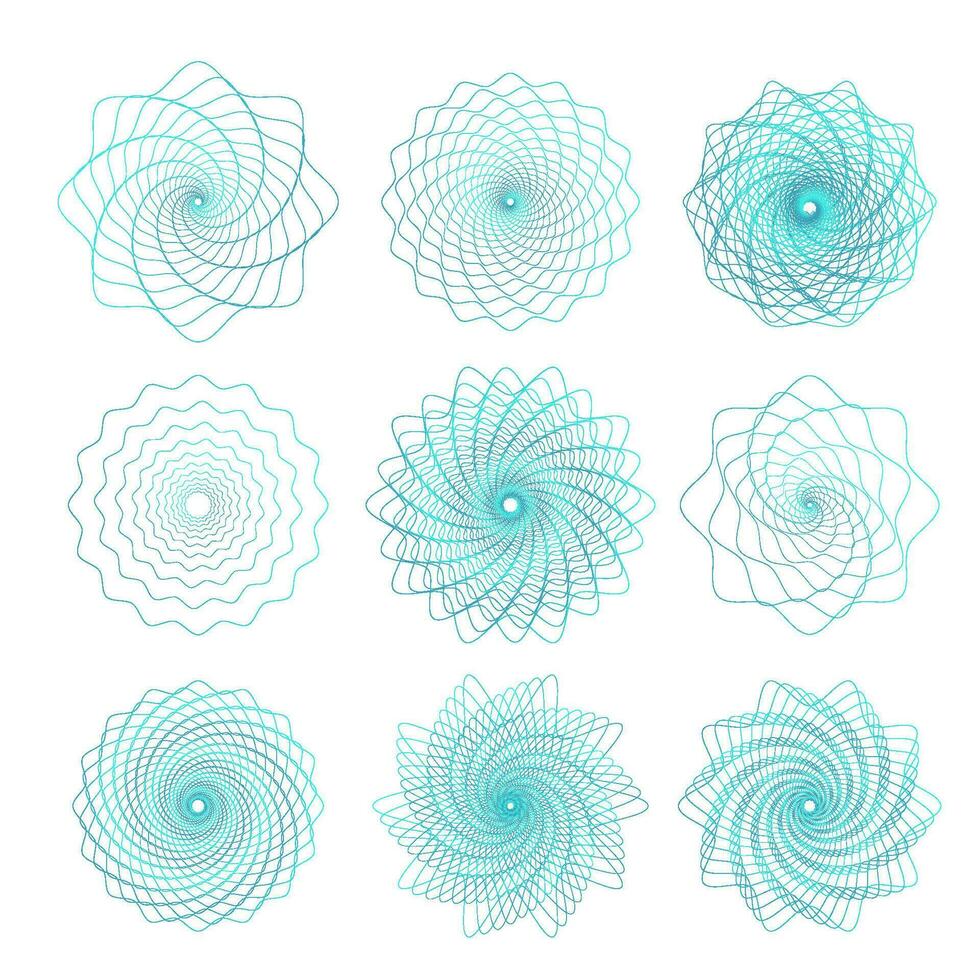 Set of round guilloche lines ornaments. Abstract vector circle rosette elements. Vector illustrations Useful for banknote, diploma, certificate, note, currency, voucher or money design