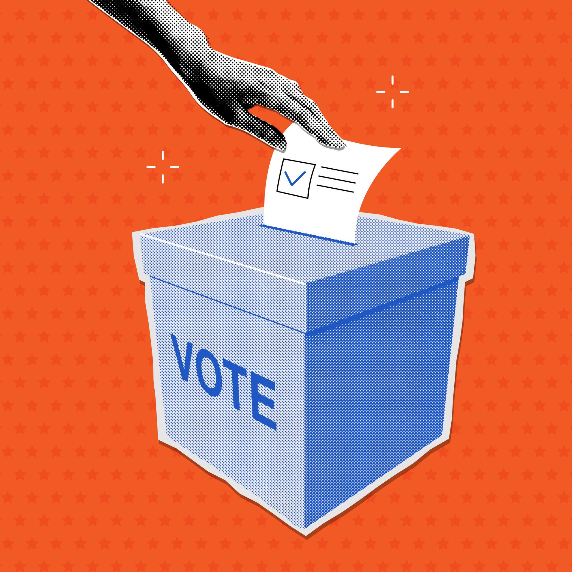 Female hand putting ballot paper into ballot box in pop art retro