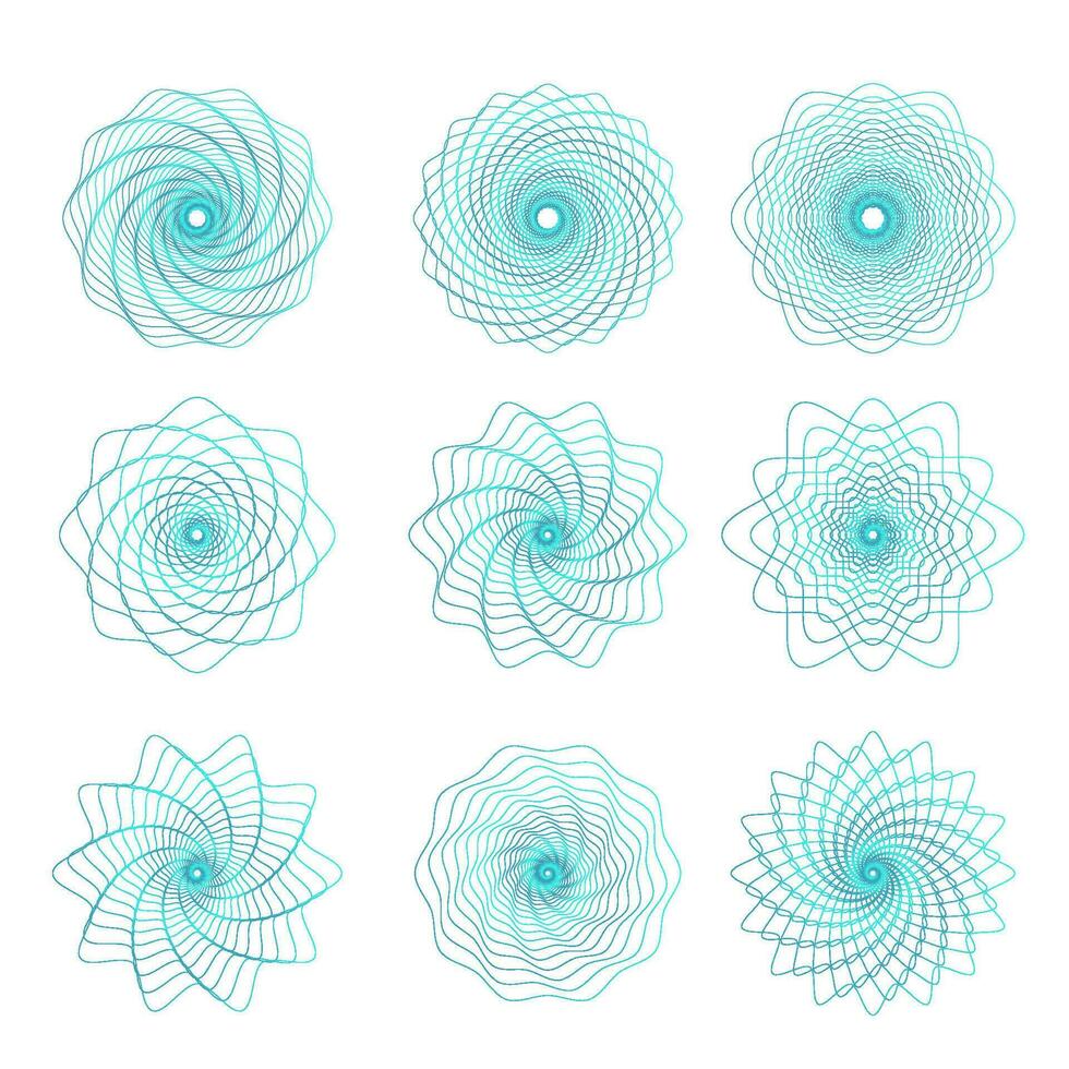 Guilloche money security watermarks set, geometric round rosettes. Geometric circular swirl watermarks vector illustration collection. Round guilloche elements. Checking reliability on documents