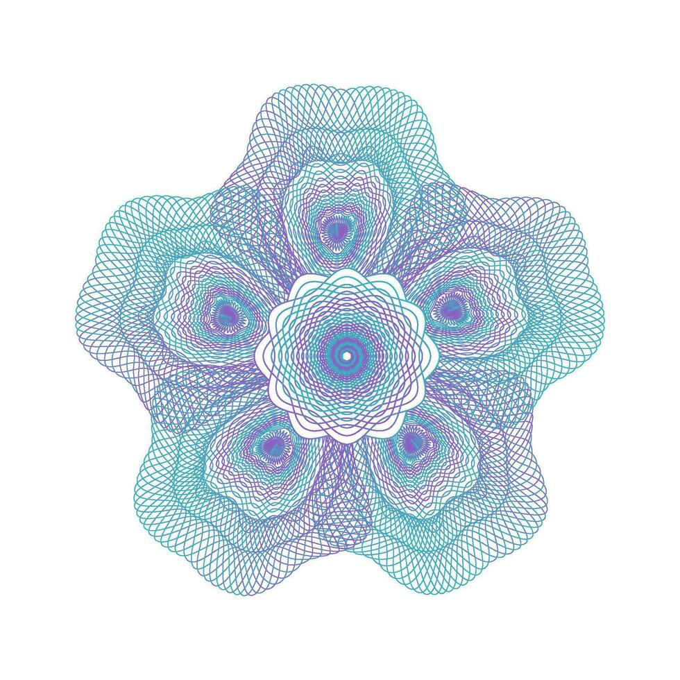 Guilloche rosette complicated element in flower shape style. Isolated template for the protection of securities, an ornament in the form of wavy curly lines in the form of a floral petals. Vector. vector