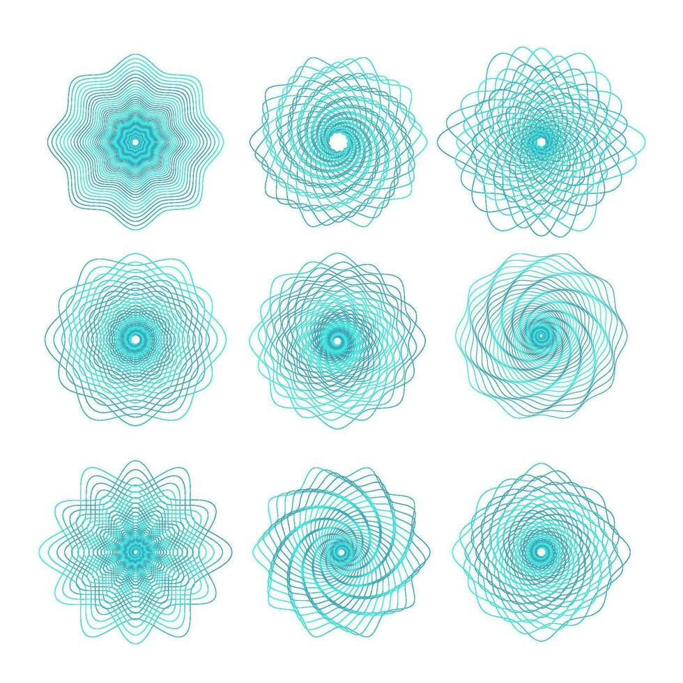 Watermark Guilloche rosette elements set. Digital watermark for Security Papers. Linear vector illustration. used as a protective layer for certificate, voucher, banknote, currency, note, check