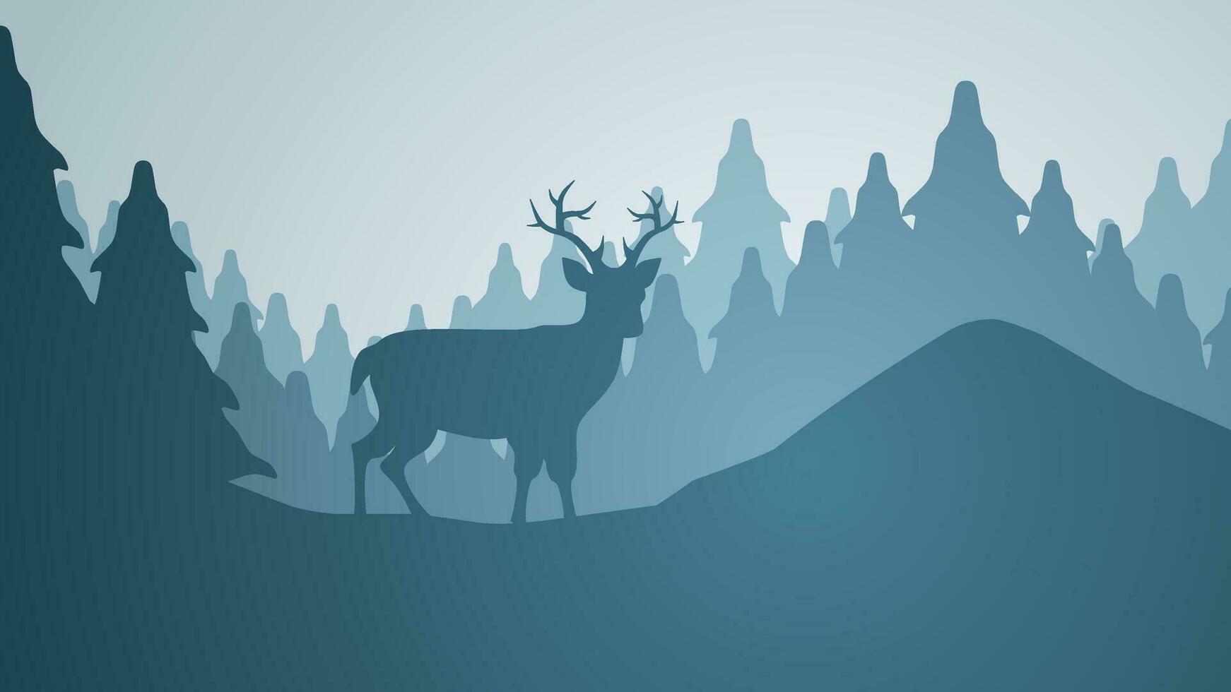 fauna silvestre bosque paisaje vector ilustración. paisaje de reno silueta en el pino bosque. ciervo fauna silvestre panorama para ilustración, antecedentes o fondo de pantalla