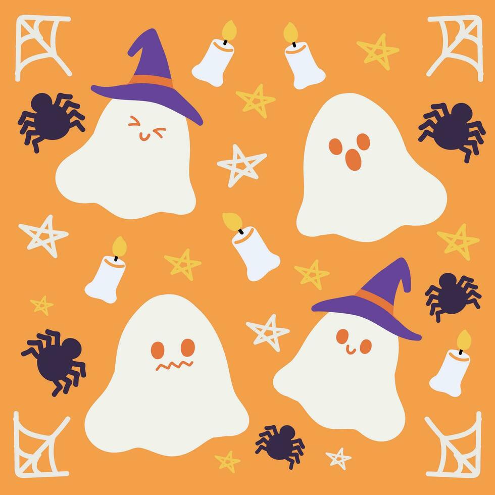 Seamless pattern with halloween monsters.Seamless pattern with cute ghosts in cute cartoon doodle style on a orange background. Vector illustration background for halloween.