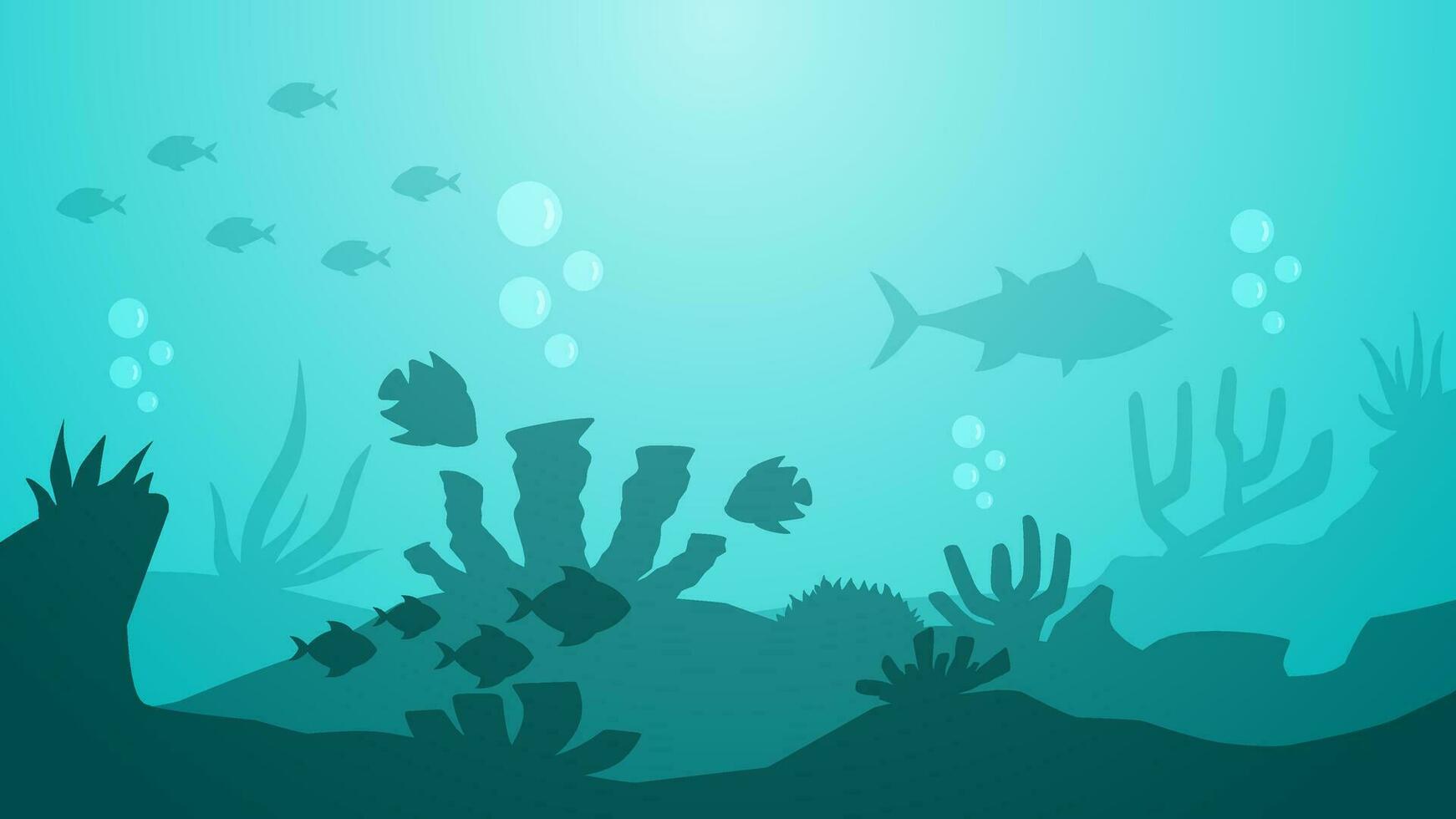 Seascape vector illustration. Scenery of fishes and coral reef in the bottom sea. Underwater panorama for illustration, background or wallpaper