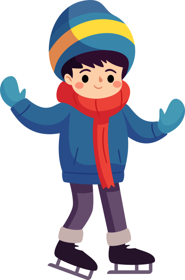 A happy child wearing colorful winter clothing is ice skating in the winter season. png