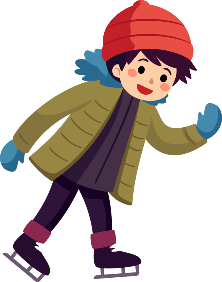 A happy child wearing colorful winter clothing is ice skating in the winter season. png