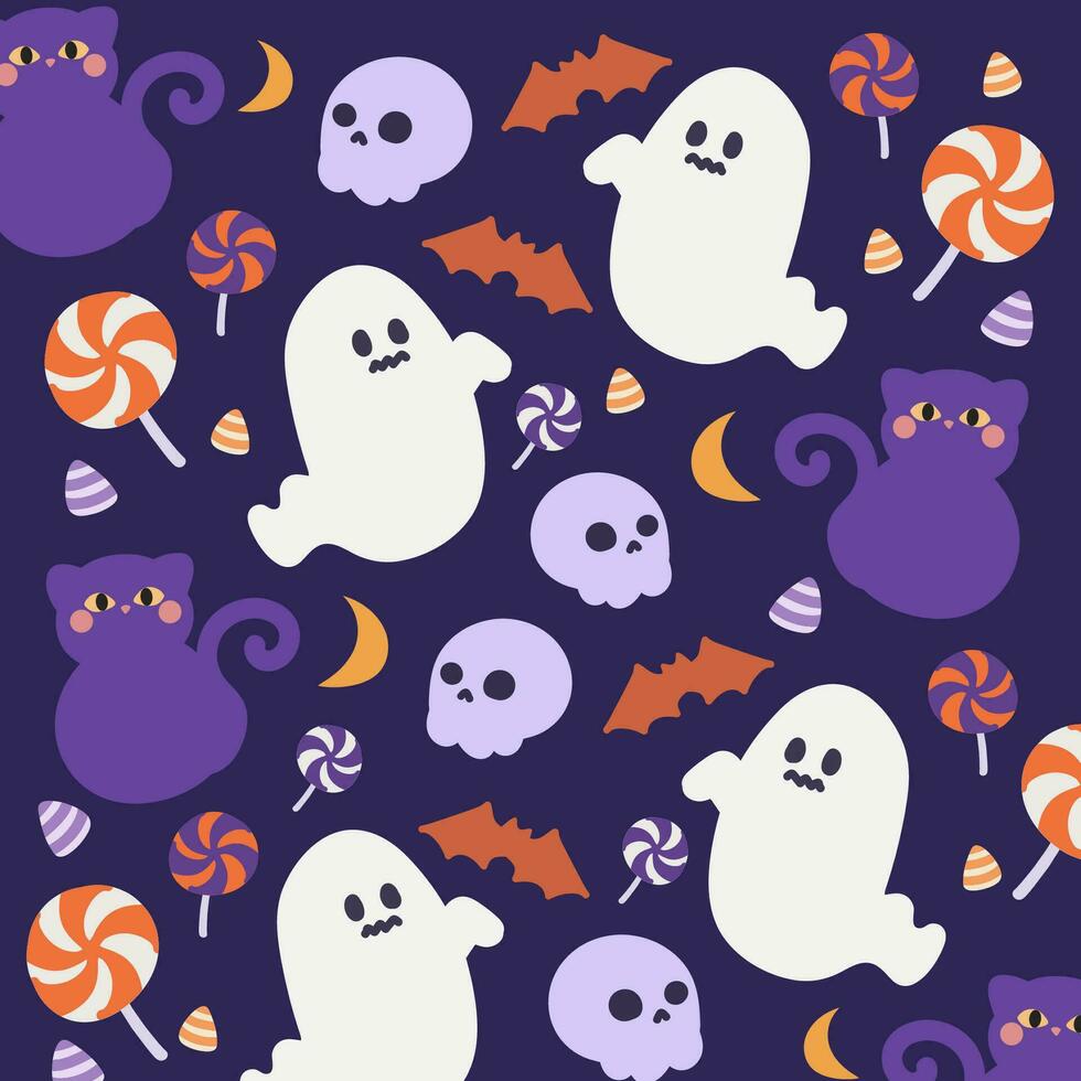 Seamless pattern with cute ghosts in cute cartoon doodle style on a purple background. Vector illustration background for halloween.