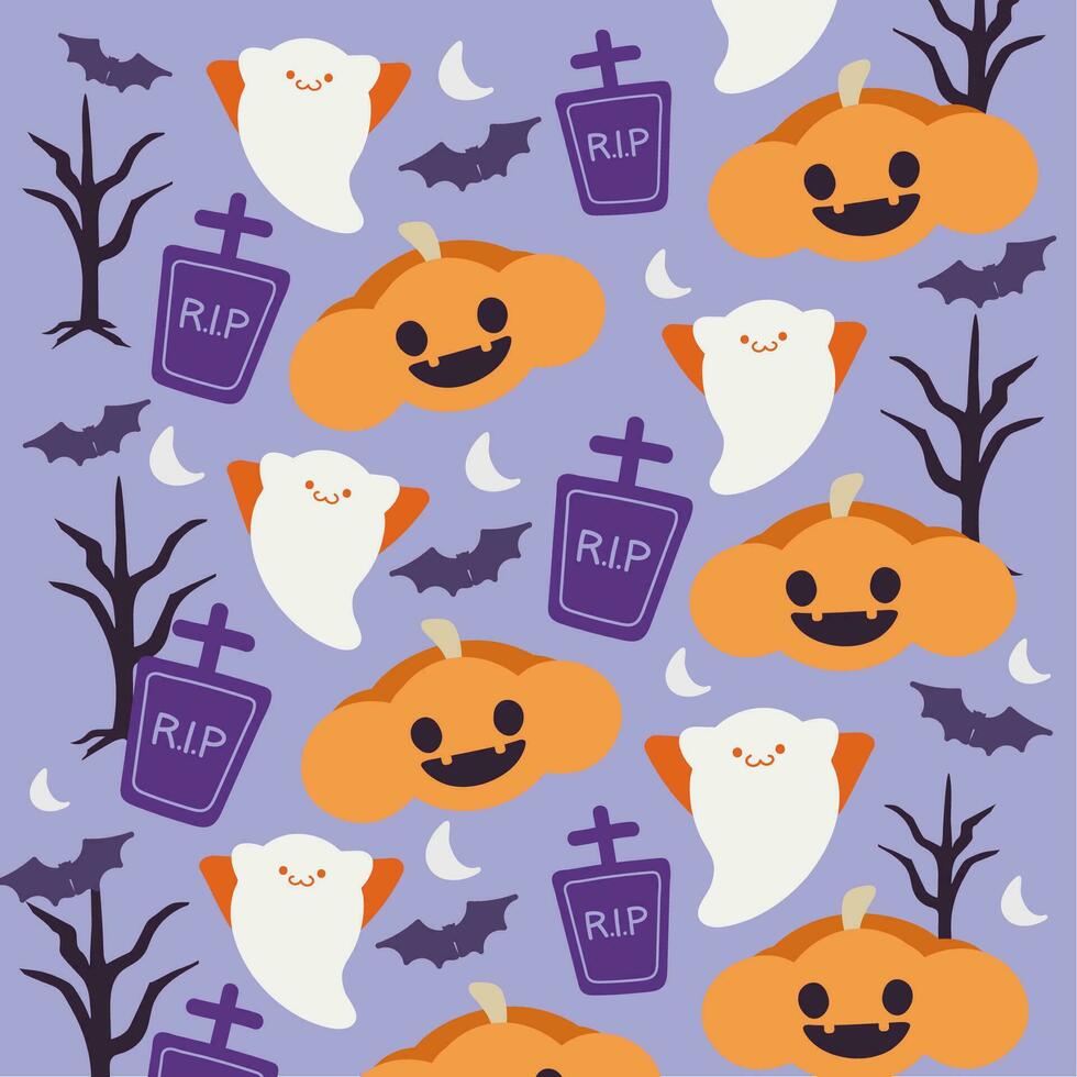 seamless halloween pattern with ghosts, bats and lanterns vector