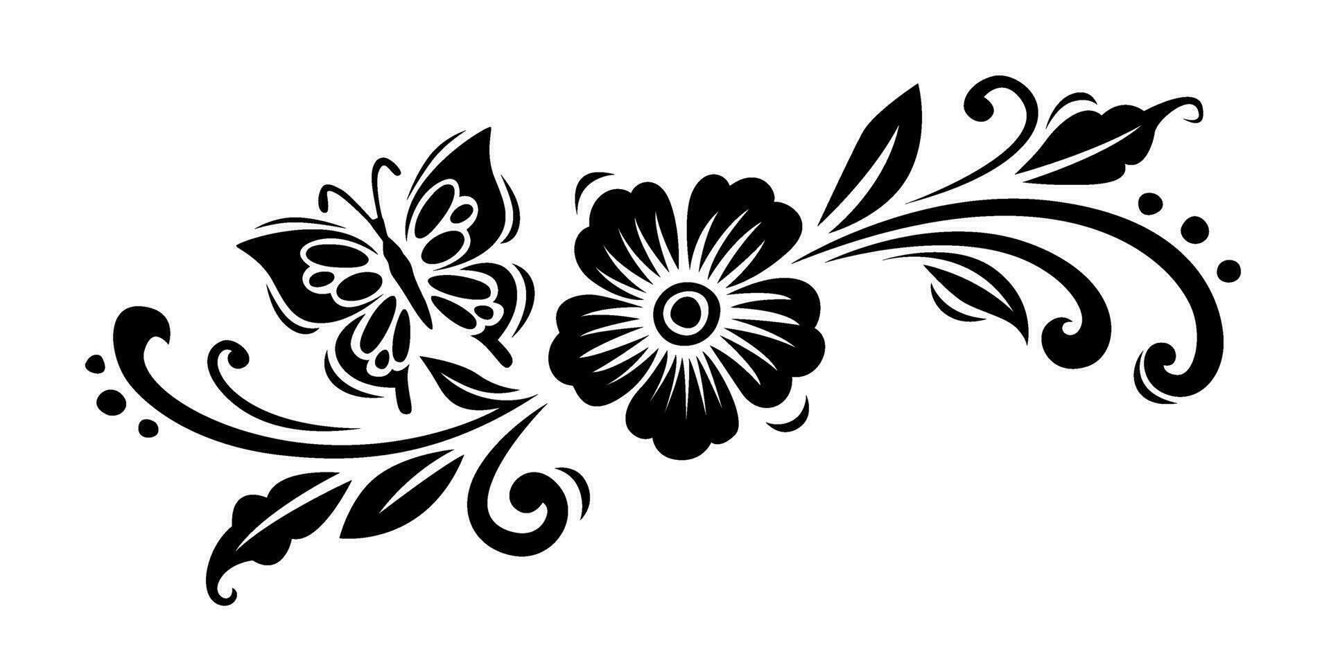 Black stylized floral pattern with a butterfly on a white background. vector