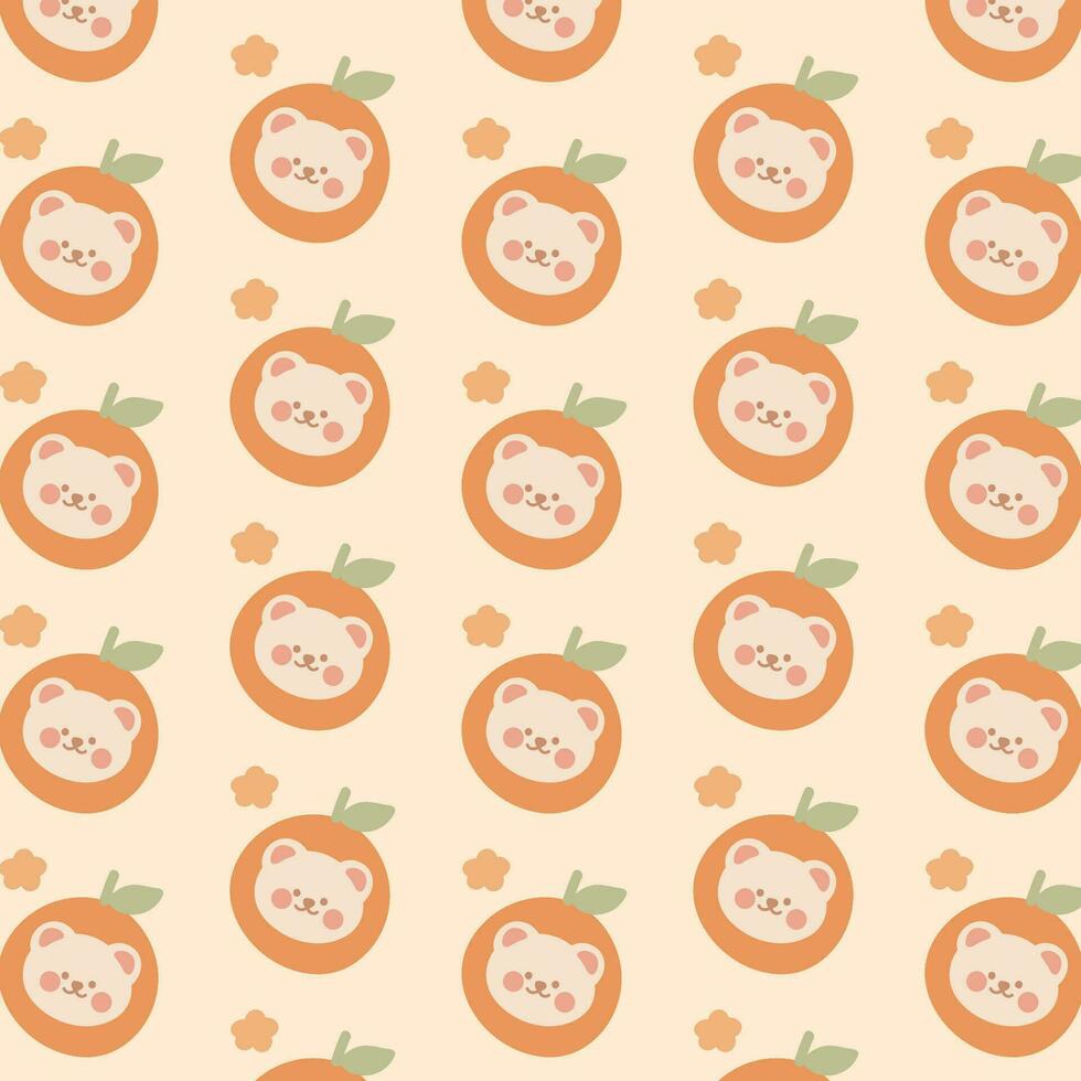 Kawaii bear and orange seamless vector pattern background