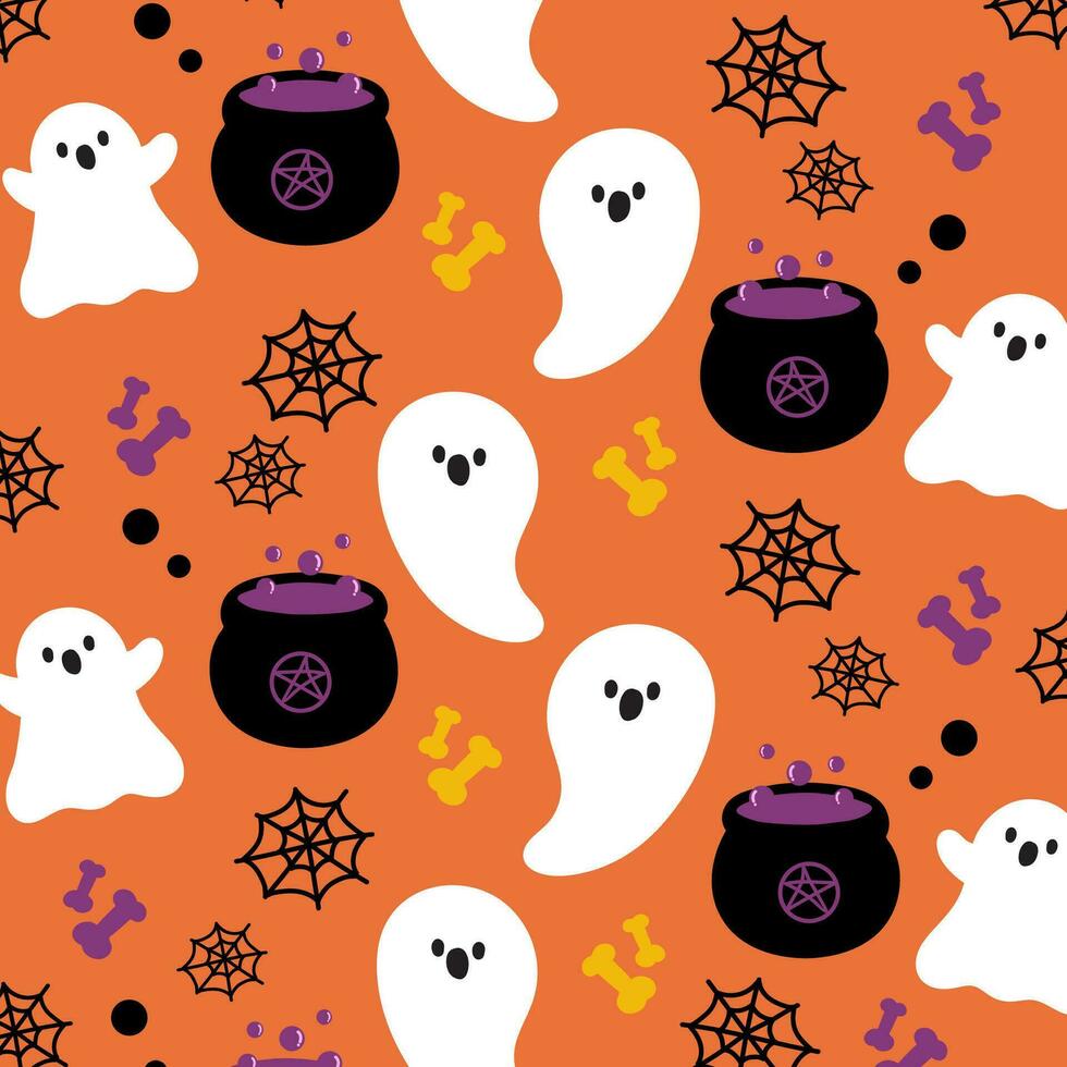 Seamless pattern with cute ghosts in cute cartoon doodle style on a orange background. Vector illustration background for halloween.