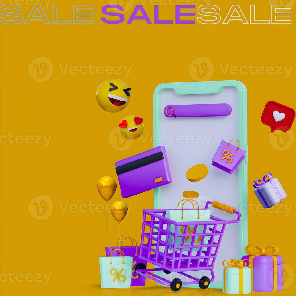 3d design background sale, discount, shopping using smartphone copy space area photo