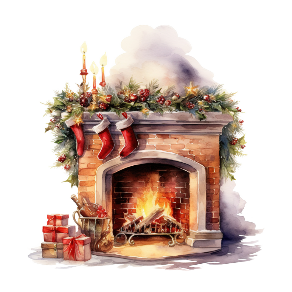 Fireplace For Christmas Event. Watercolor Style. AI Generated png