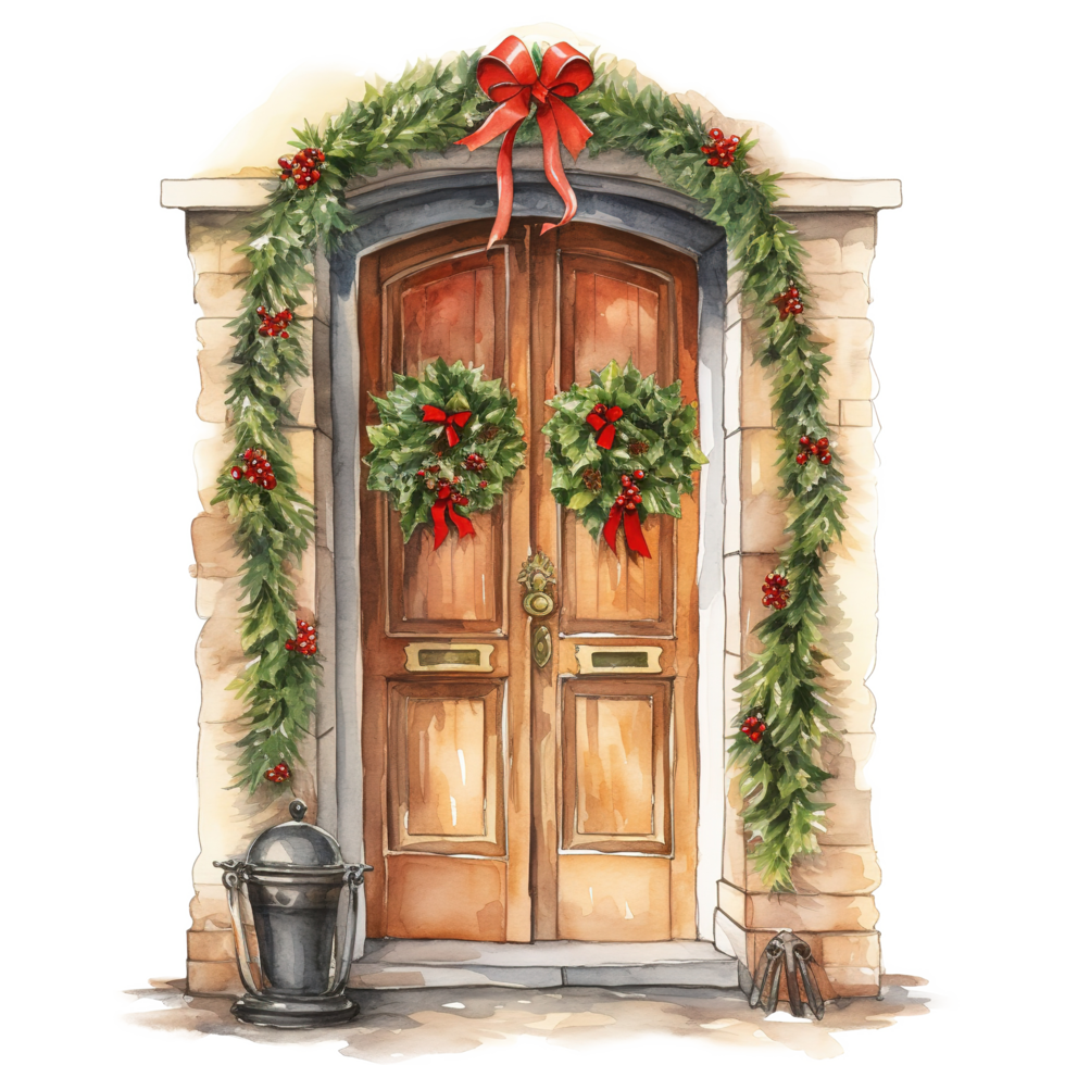 Door For Christmas Event. Watercolor Style. AI Generated png