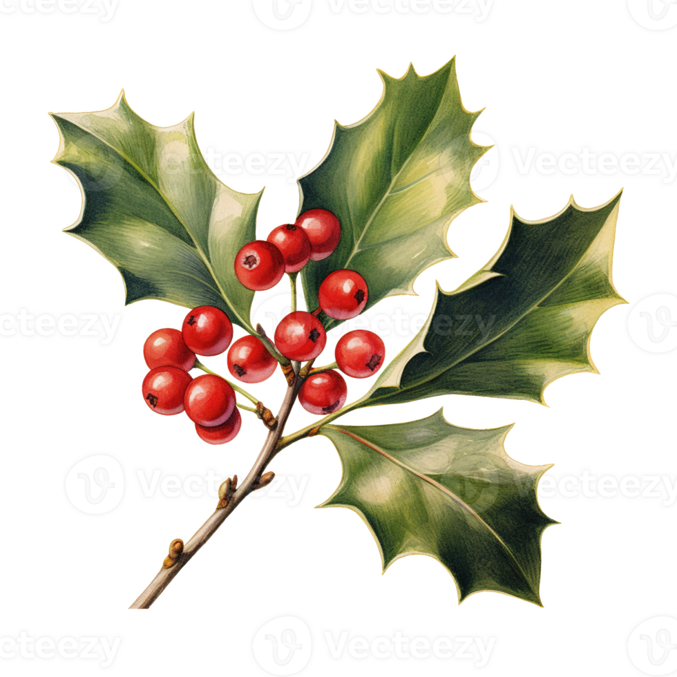 Holly Berries For Christmas Event. Watercolor Style. AI Generated png