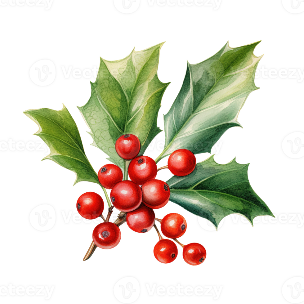 Holly Berries For Christmas Event. Watercolor Style. AI Generated png
