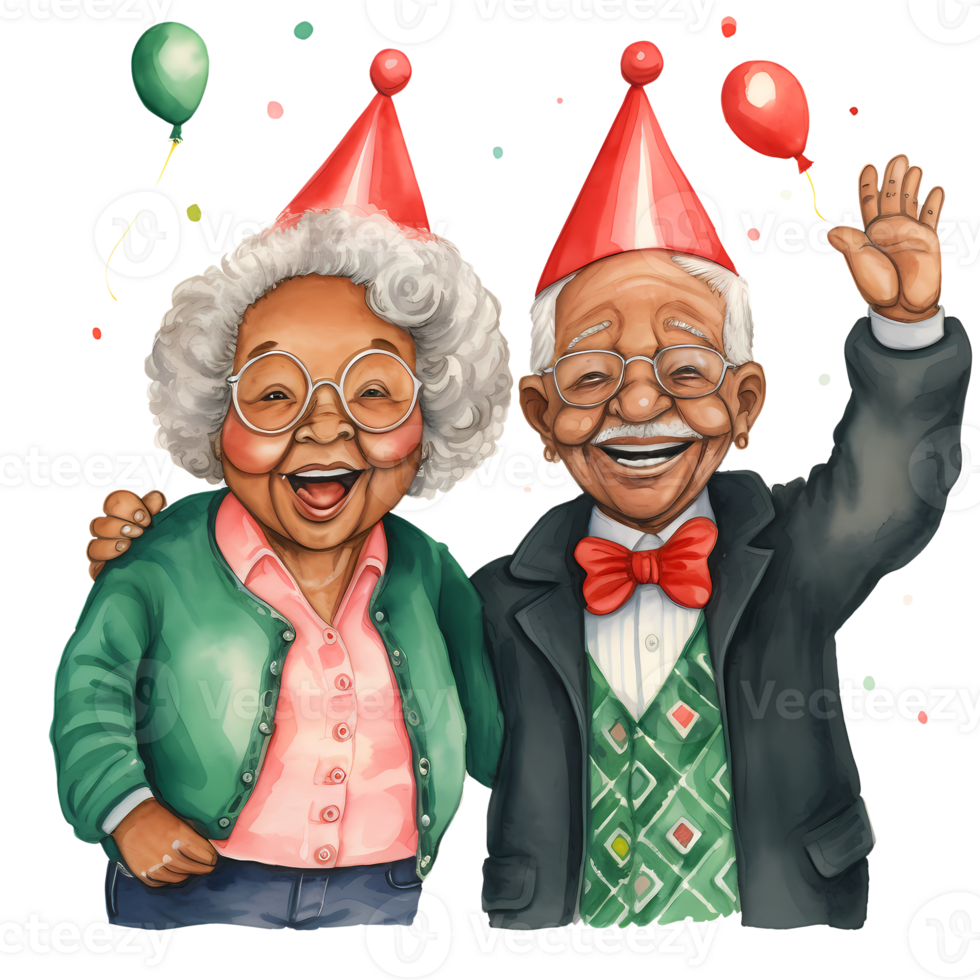 Cute Grandparents African American Happy New Year Watercolor Clipart