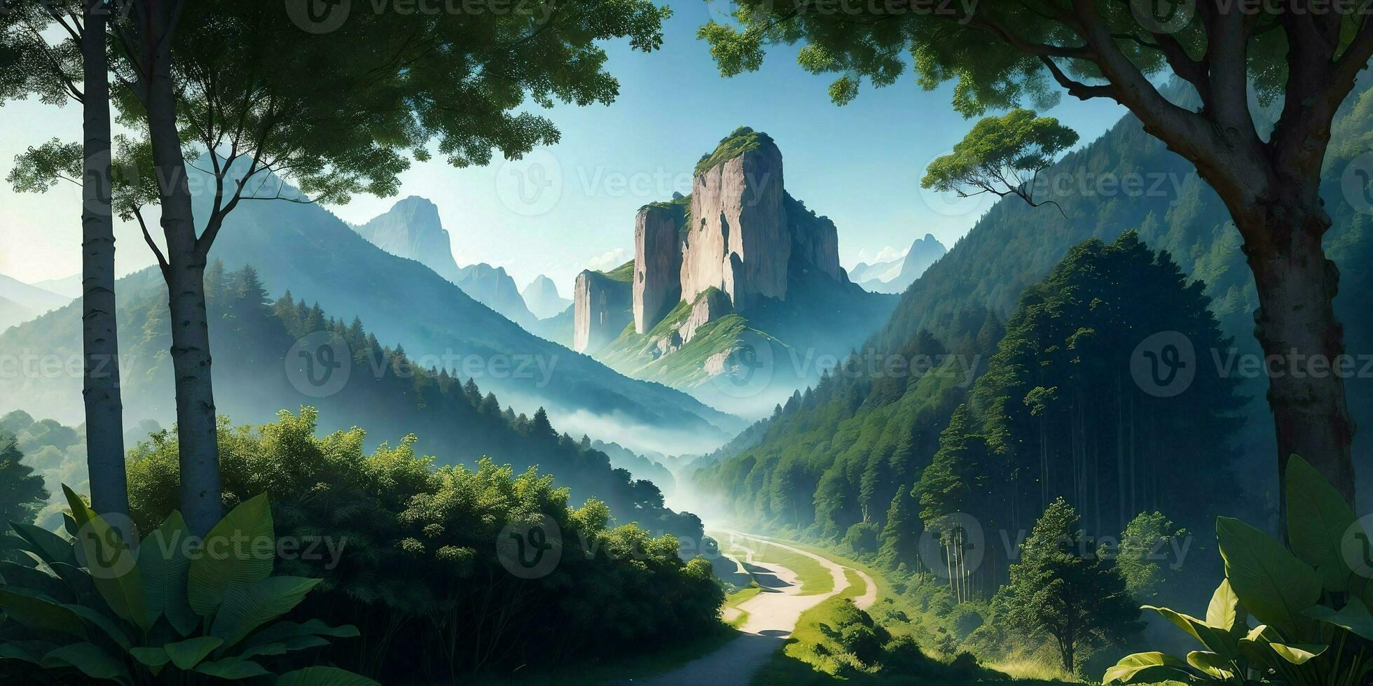 Landscape, green summer jungle in the mountains.Generative AI photo