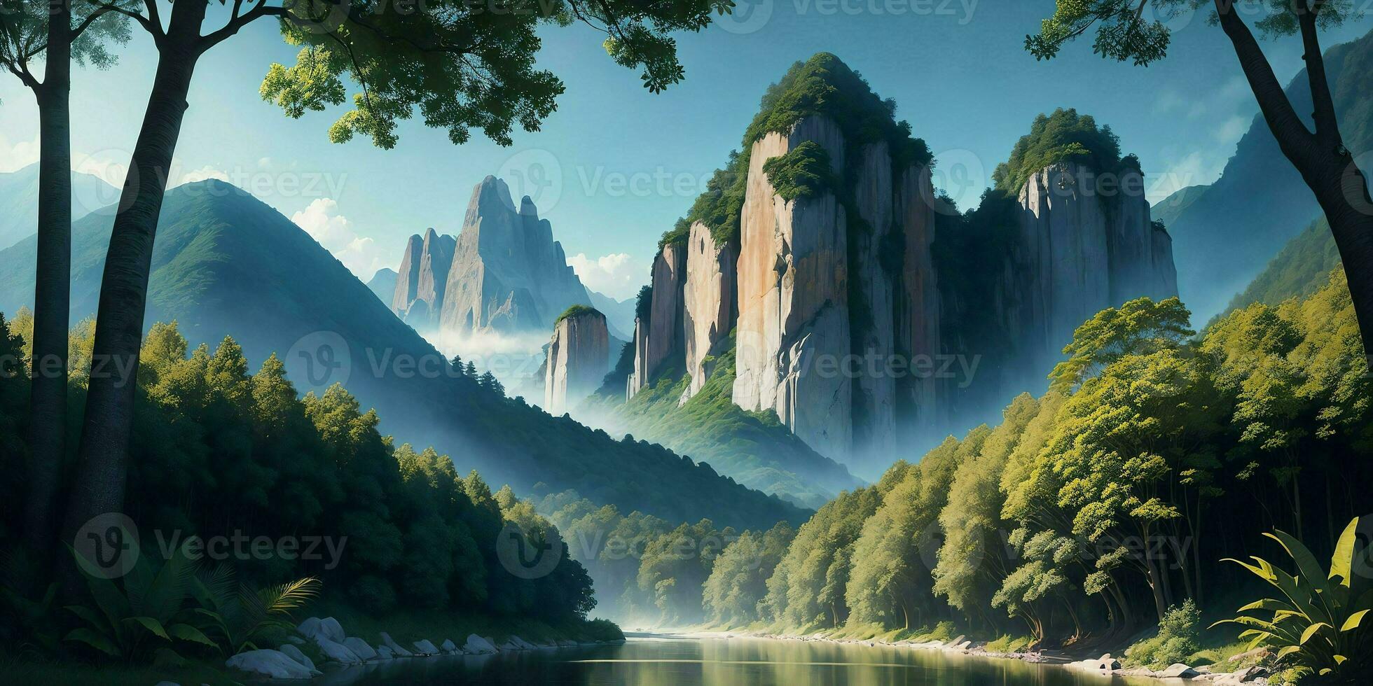 Landscape, green summer jungle in the mountains.Generative AI photo