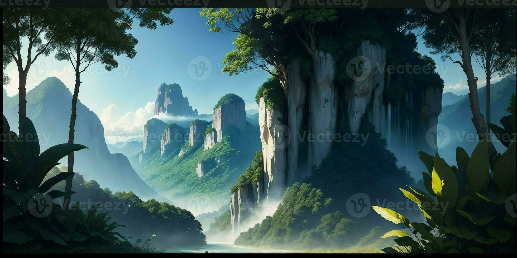 Landscape, green summer jungle in the mountains. Generative AI photo