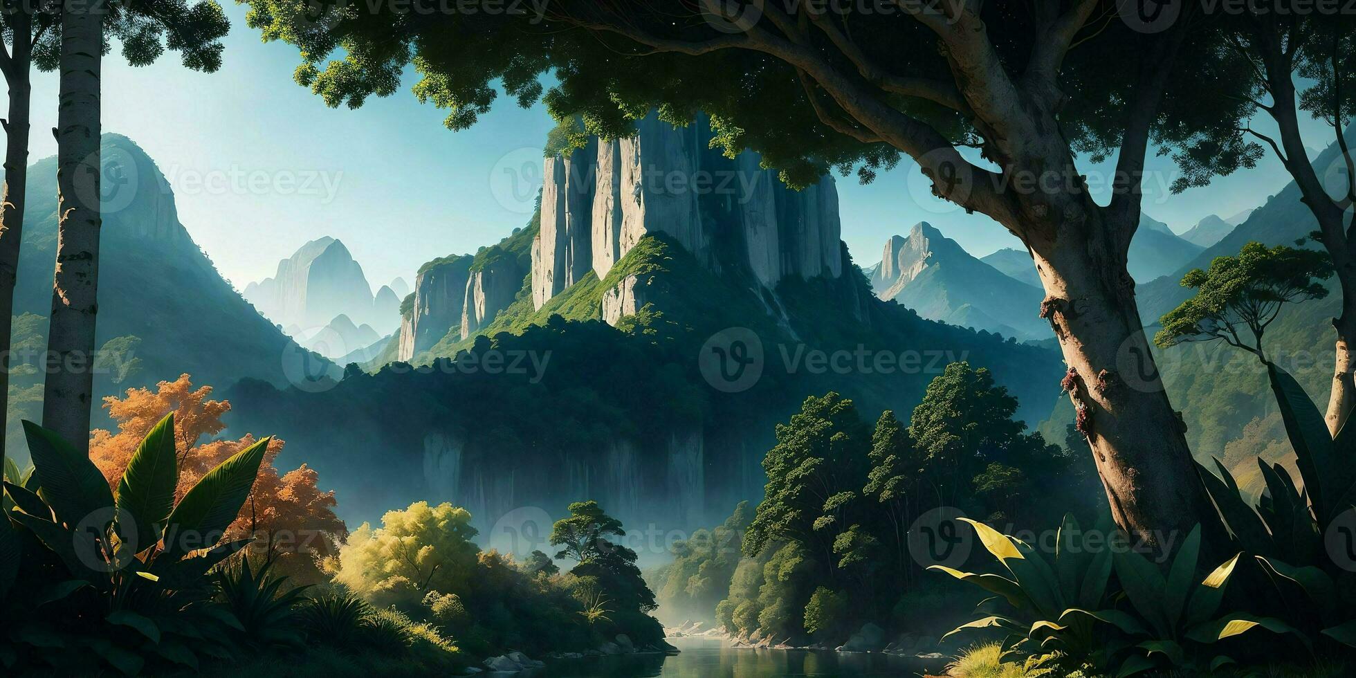 Landscape, green summer jungle in the mountains.Generative AI photo