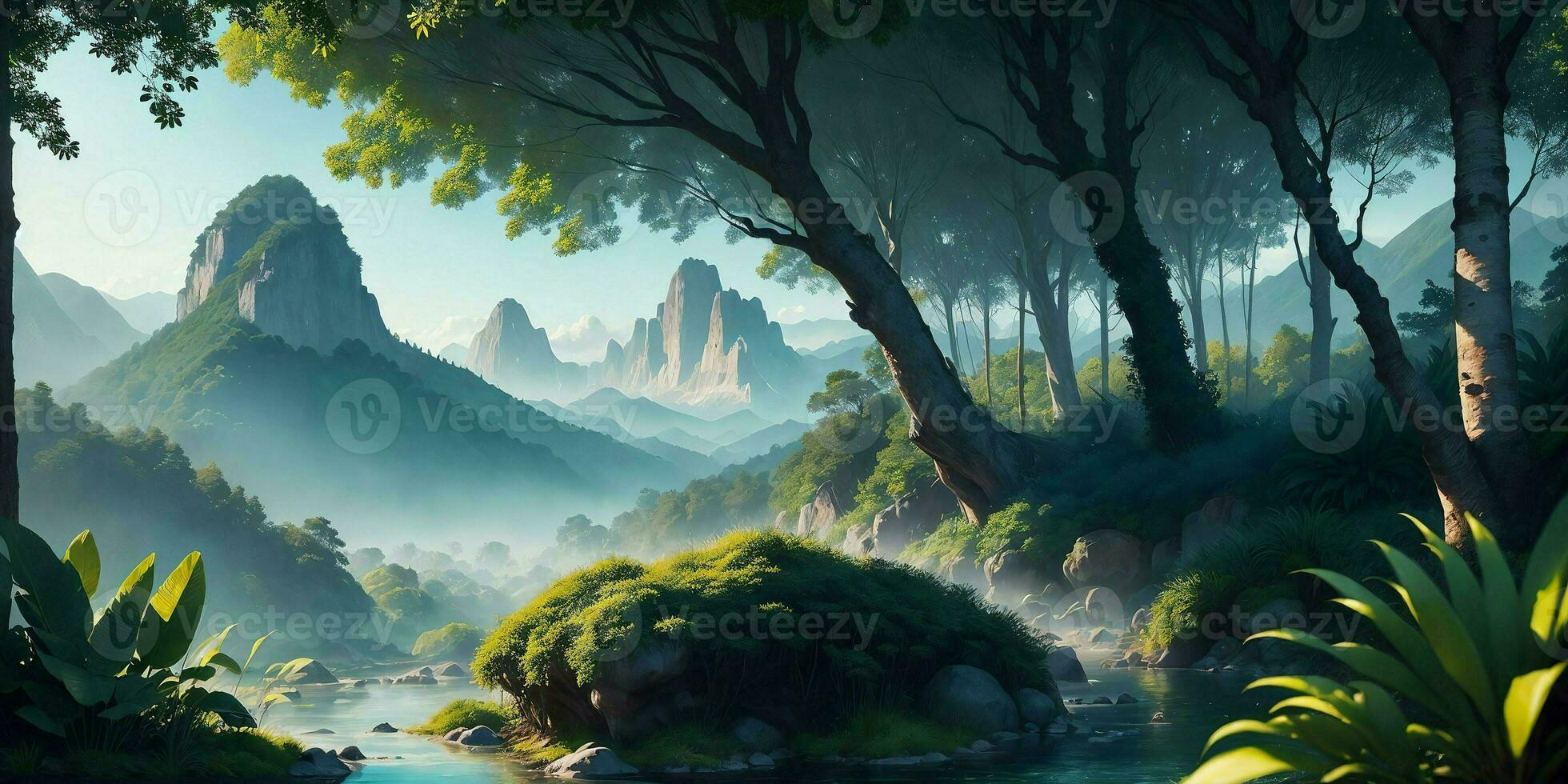 Landscape, green summer jungle in the mountains. Generative AI photo