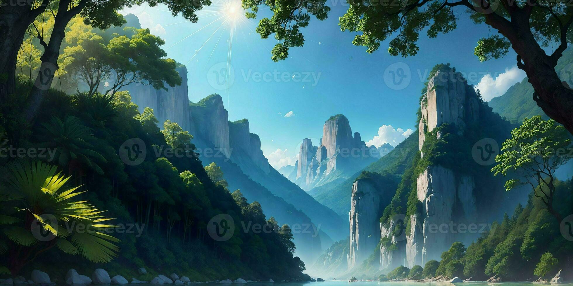 Landscape, green summer jungle in the mountains.Generative AI photo