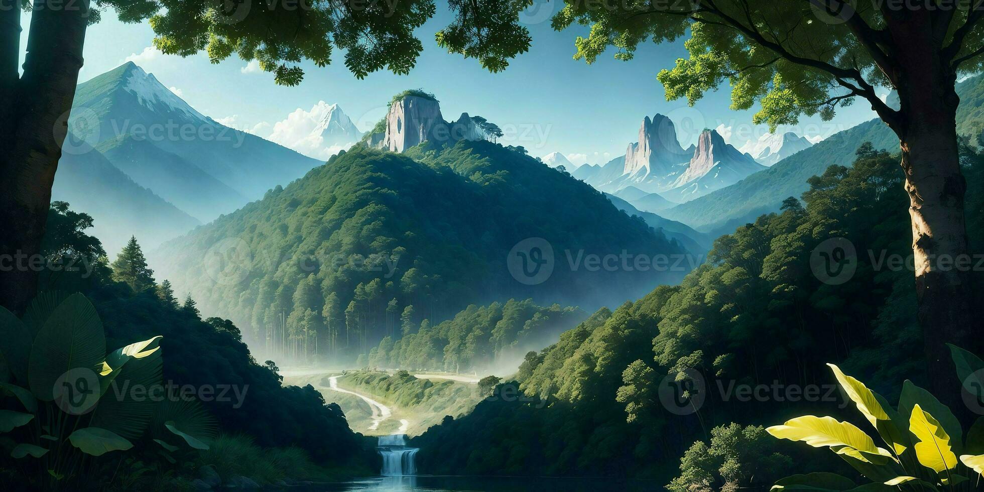 Landscape, green summer jungle in the mountains.Generative AI photo