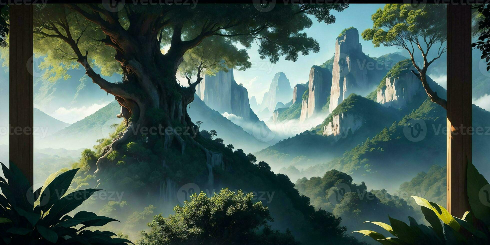 Landscape, green summer jungle in the mountains.Generative AI photo
