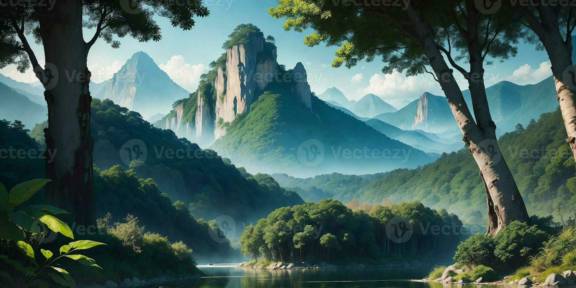 Landscape, green summer jungle in the mountains. Generative AI photo