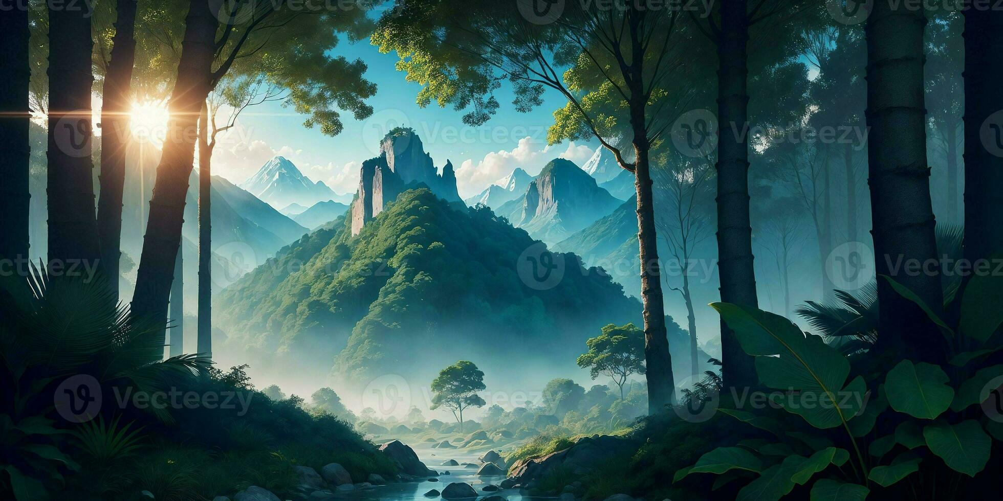 Landscape, green summer jungle in the mountains.Generative AI photo