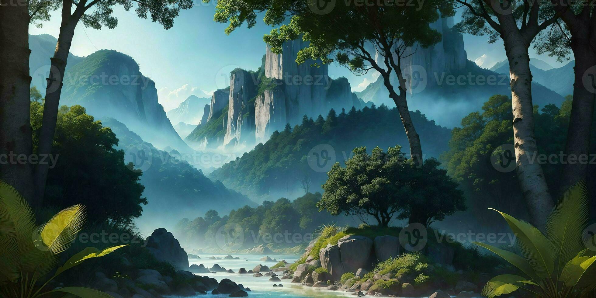 Landscape, green summer jungle in the mountains. Generative AI photo