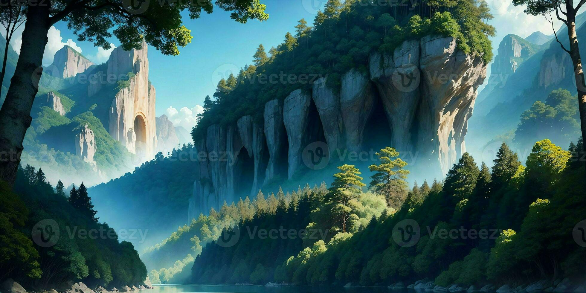 Landscape, green summer jungle in the mountains. Generative AI photo