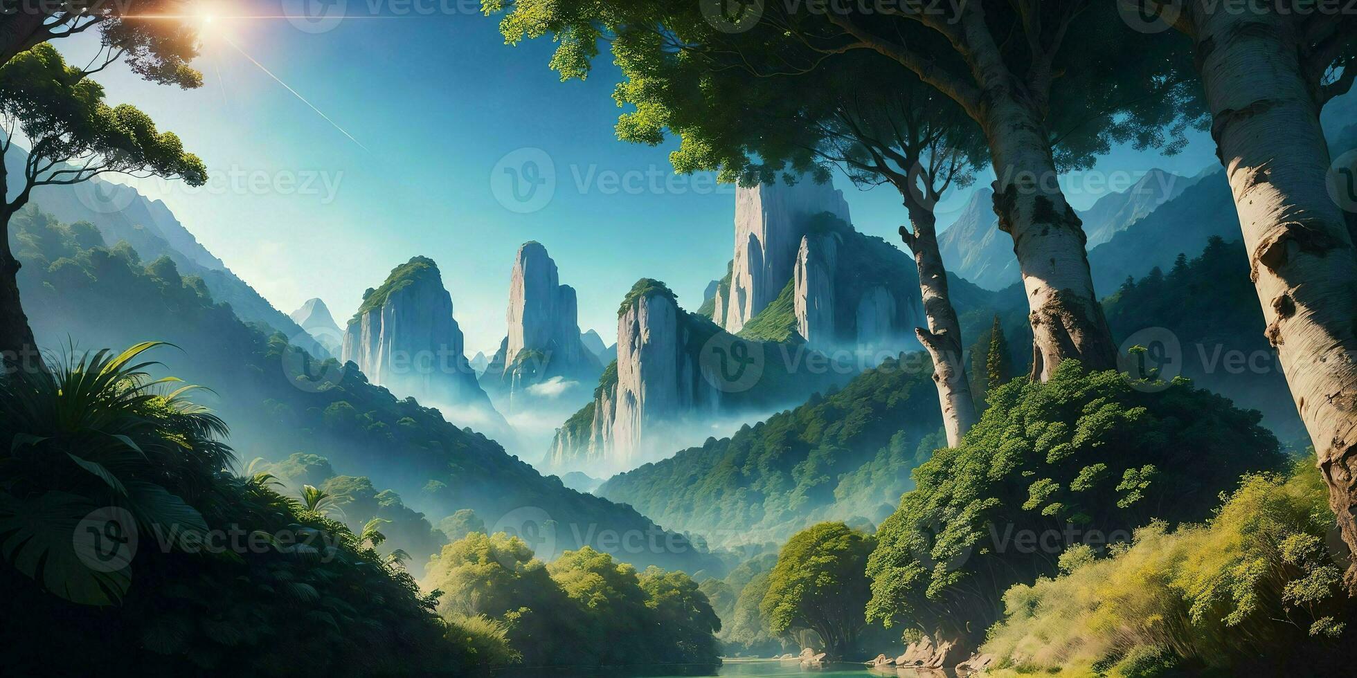 Landscape, green summer jungle in the mountains.Generative AI photo