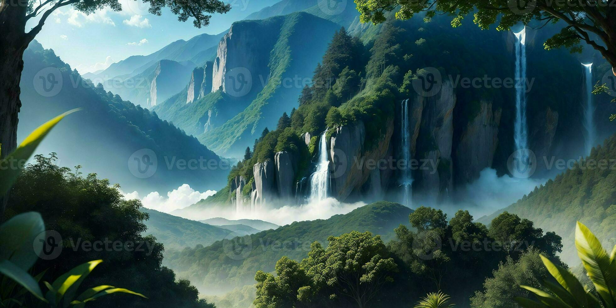 Landscape, green summer jungle in the mountains. Generative AI photo