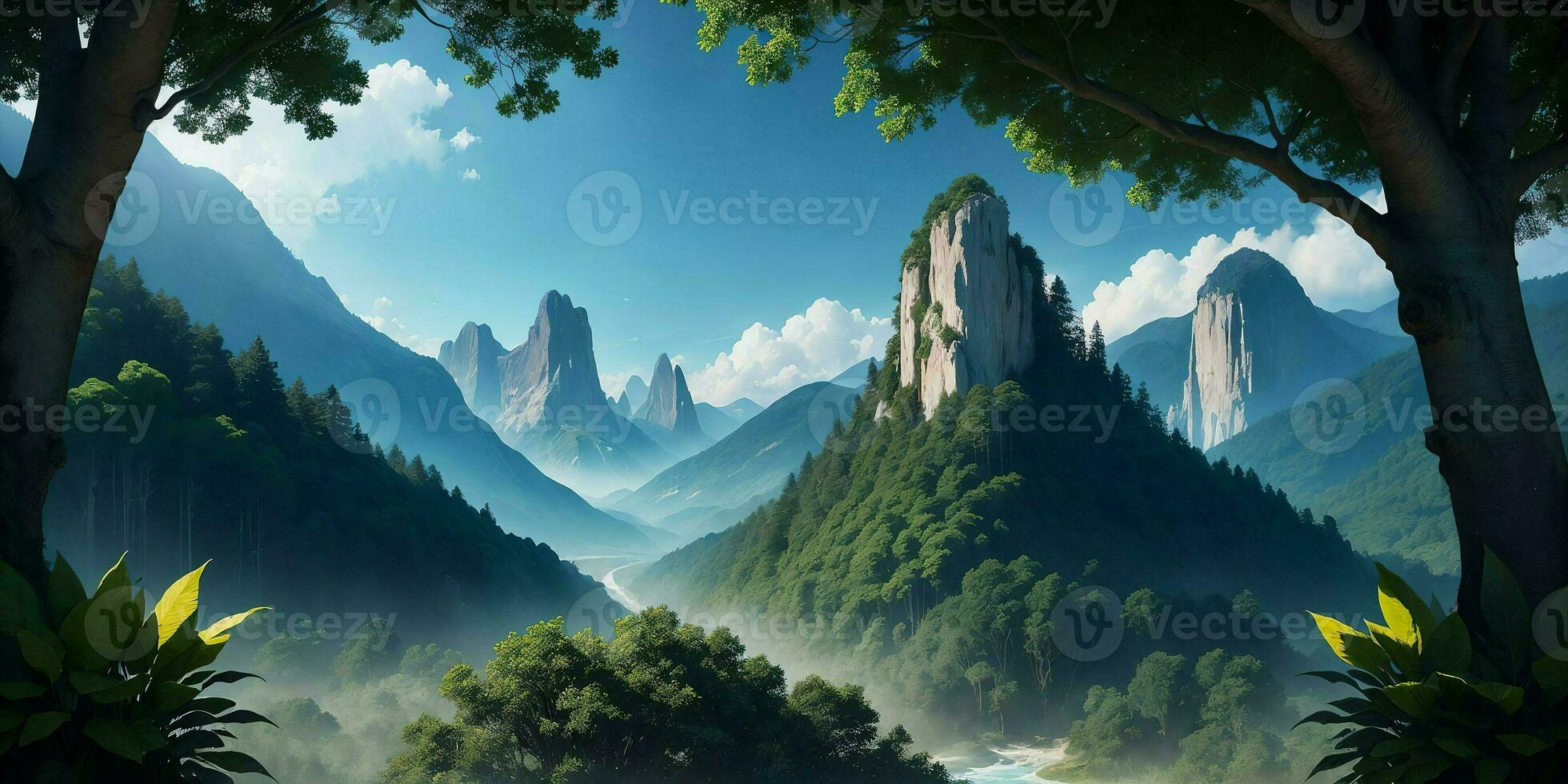 Landscape, green summer jungle in the mountains. Generative AI photo