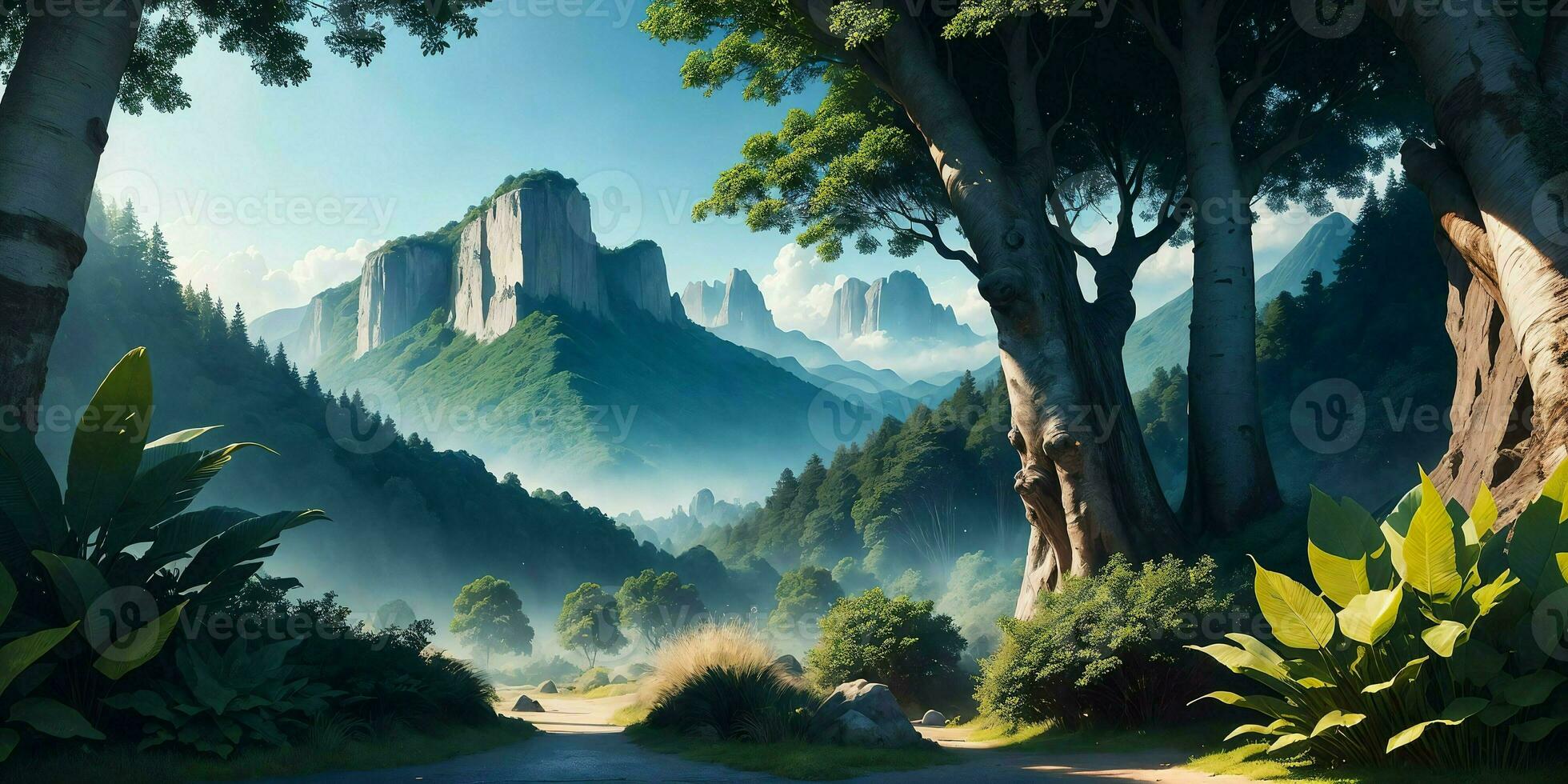 Landscape, green summer jungle in the mountains. Generative AI photo