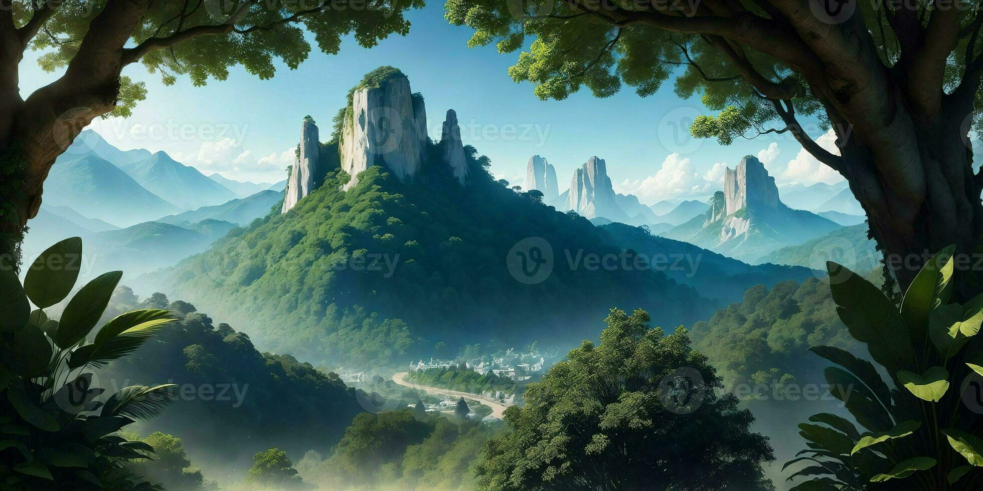 Landscape, green summer jungle in the mountains. Generative AI photo
