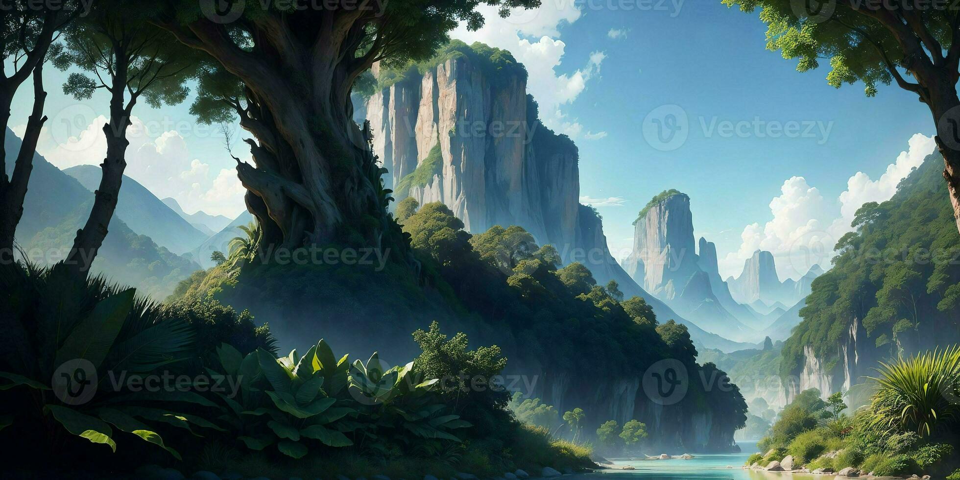 Landscape, green summer jungle in the mountains. Generative AI photo