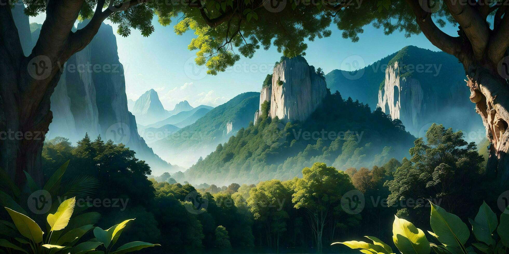 Landscape, green summer jungle in the mountains. Generative AI photo