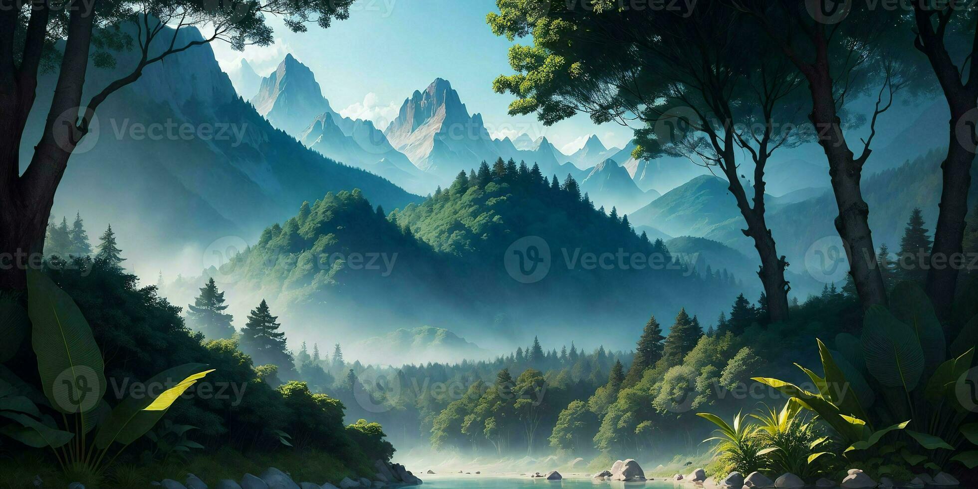 Landscape, green summer jungle in the mountains. Generative AI photo
