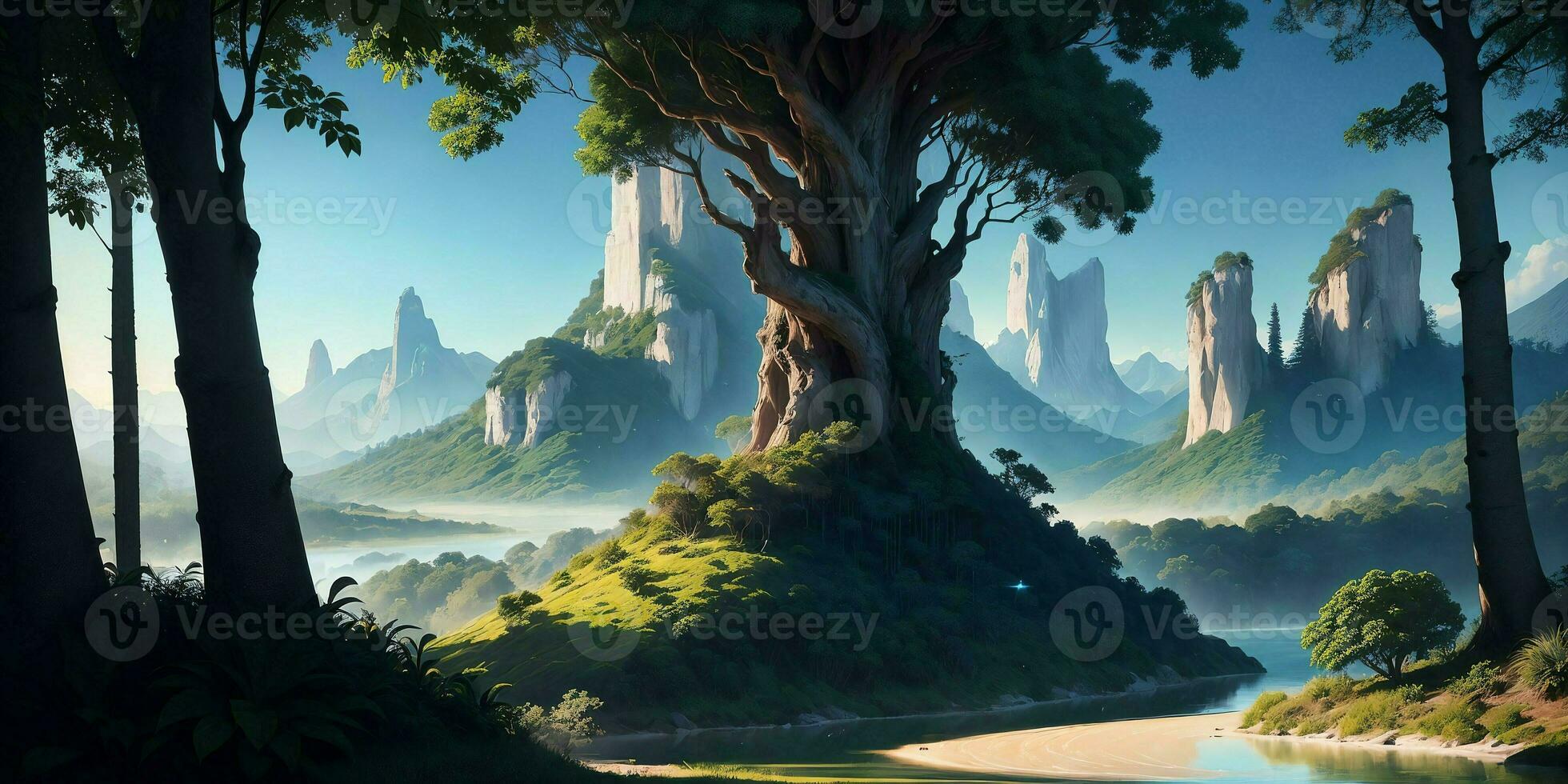 Landscape, green summer jungle in the mountains. Generative AI photo